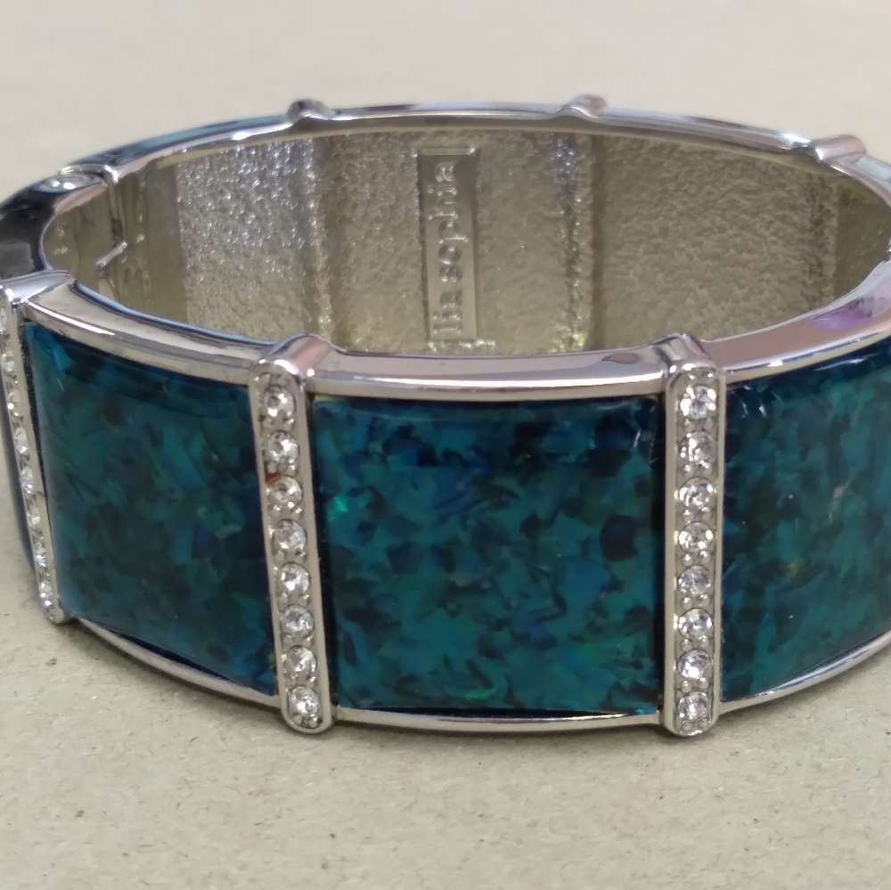 Lia Sophia turquoise style blue enamel & rhinestone magnetic silver bangle cuff